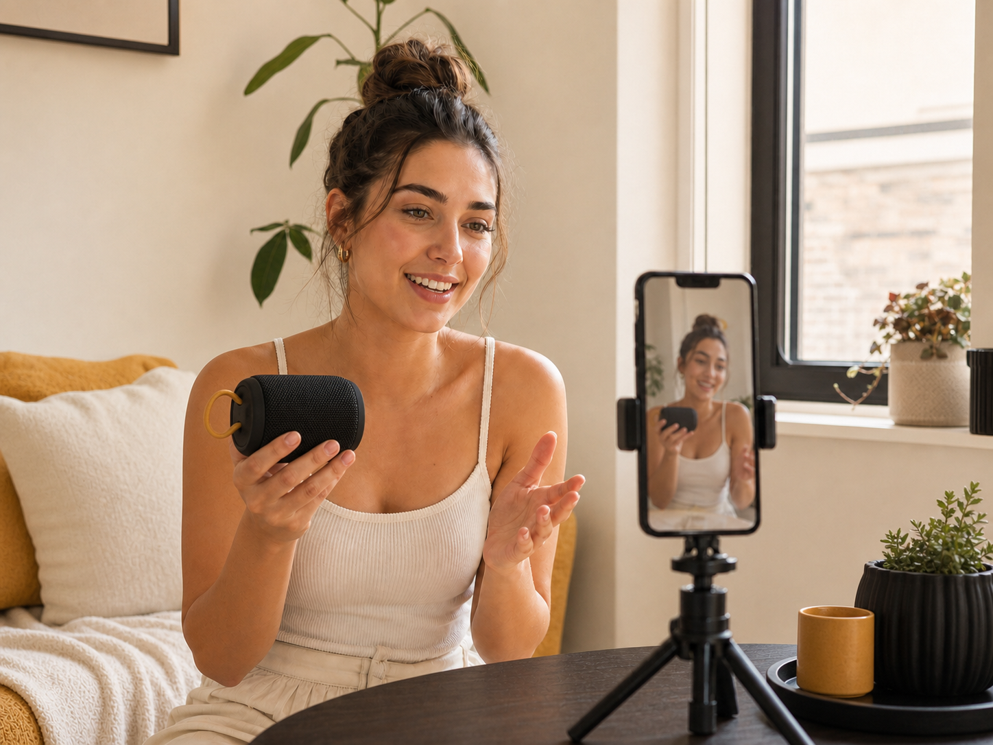 Content creator presenting a product in a bright home studio