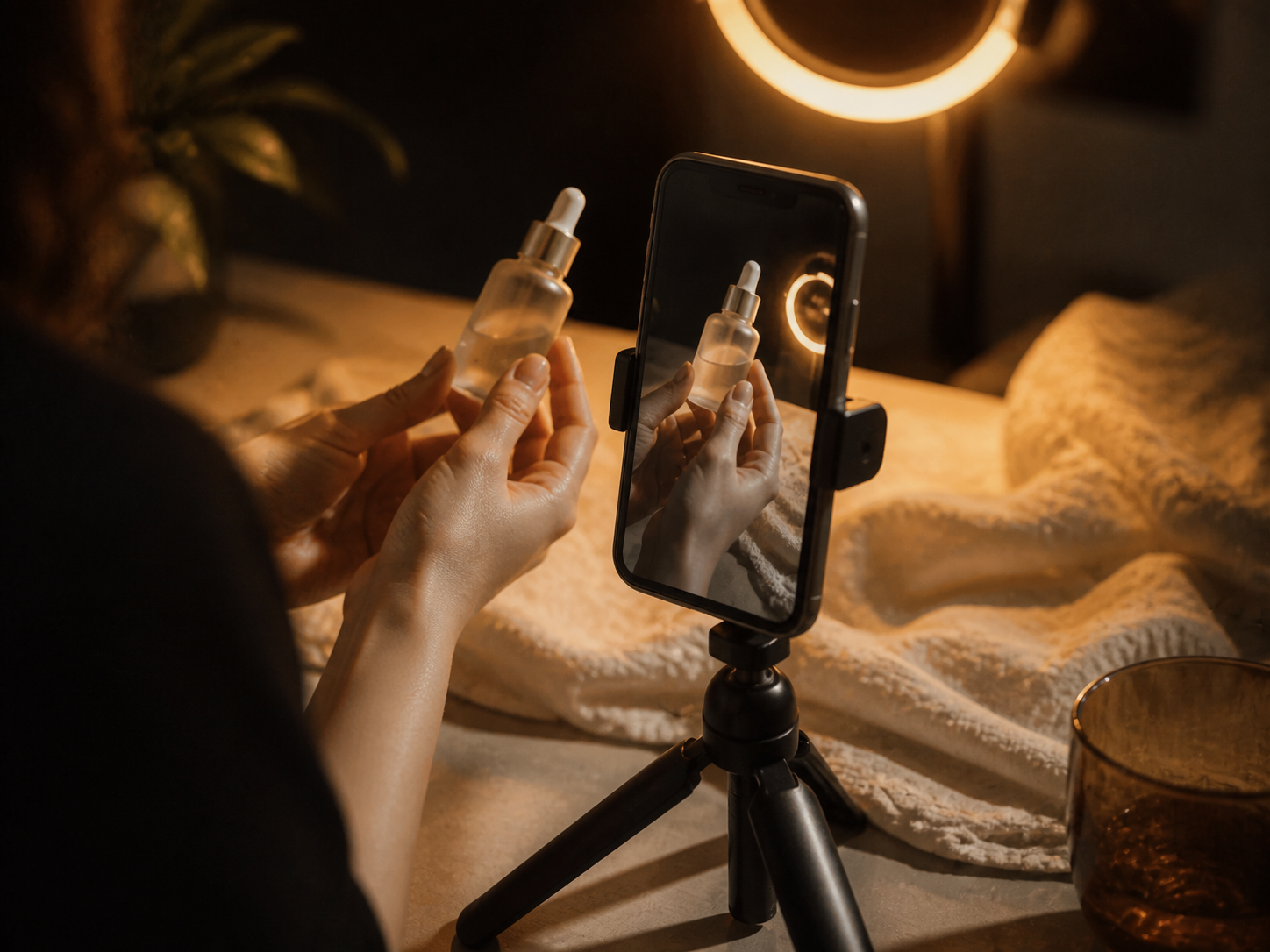 Creator filming a product video with a smartphone and compact ring light