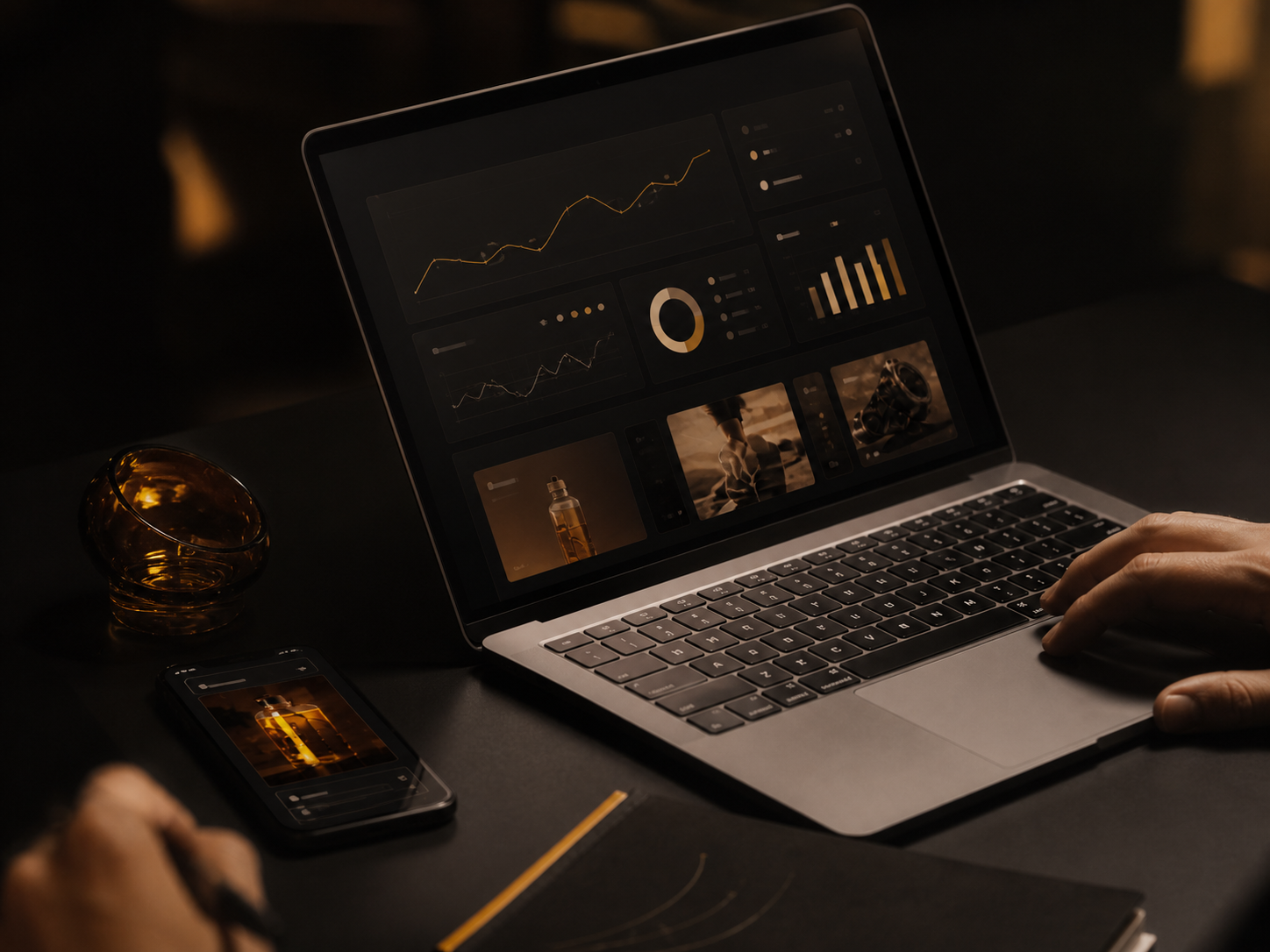 Laptop displaying campaign performance analytics in a dark workspace