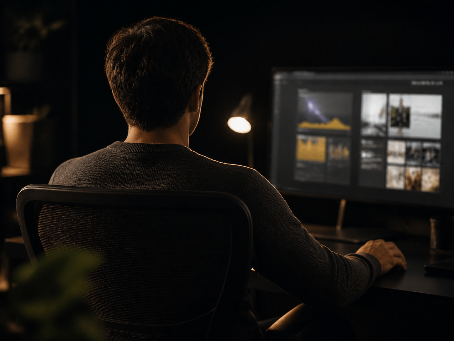 Seated marketing professional reviewing campaign work from behind
